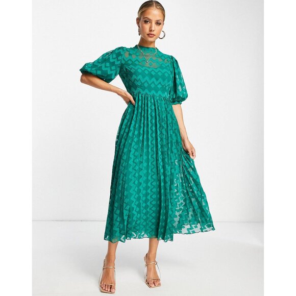 ASOS Curve Dresses & Skirts - Size 22 3X NEW GREEN HIGH NECK SHEER CHEVRON DOBBY PLEATED MAXI DRESS Plus Size